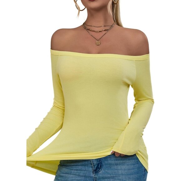 🆕 Women Yellow Long Sleeve Shoulder Tops Ribbed Basic Trendy Stretchy Shirt Off - Picture 1 of 6